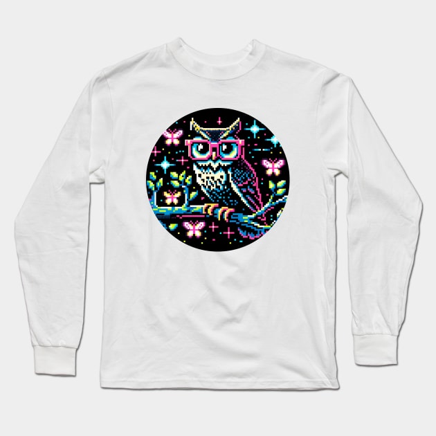 Cyberpunk Owl Art - Neon Nightscape Pixel Illustration Long Sleeve T-Shirt by Pixel Punkster